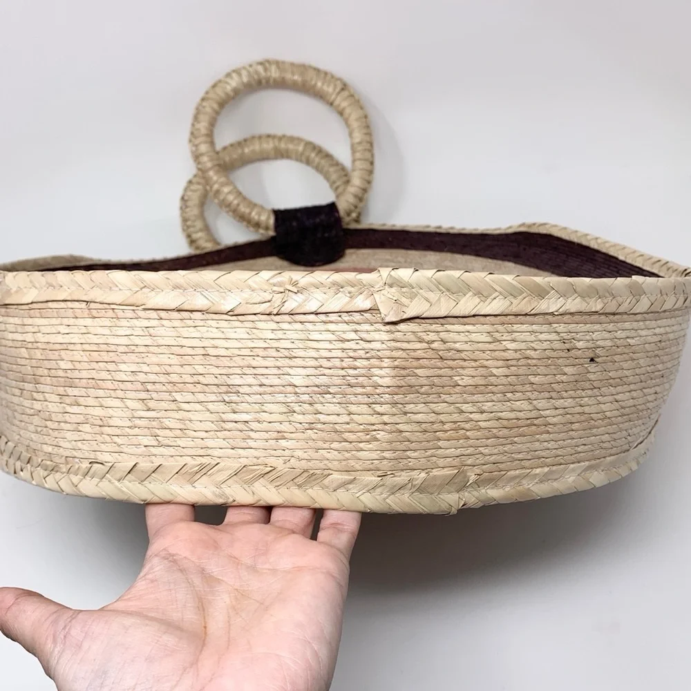MISA Los Angeles Mykonos Circle Circular Straw Tote Bag Natural Purple Pink